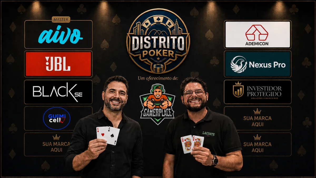Logotipo do Distrito Poker no backdrop oficial de eventos e jogos VIP
